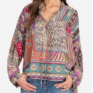 NWT Johnny Was Patch Finn Multicolor V Neck Long Sleeve Silk Blouse Small